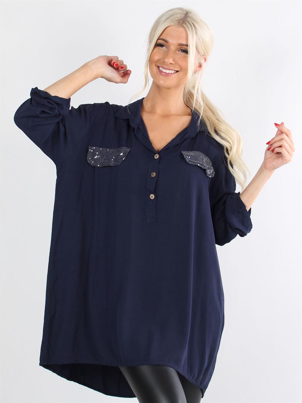 Kayla - Armygrøn skjorte med pailletter på lommerne